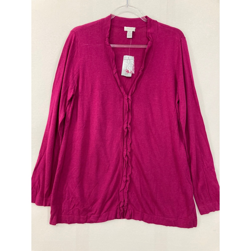 New Chico's Tayla Twist Cardigan Size Large/2 Pink Ruffle Open Front Lightweight